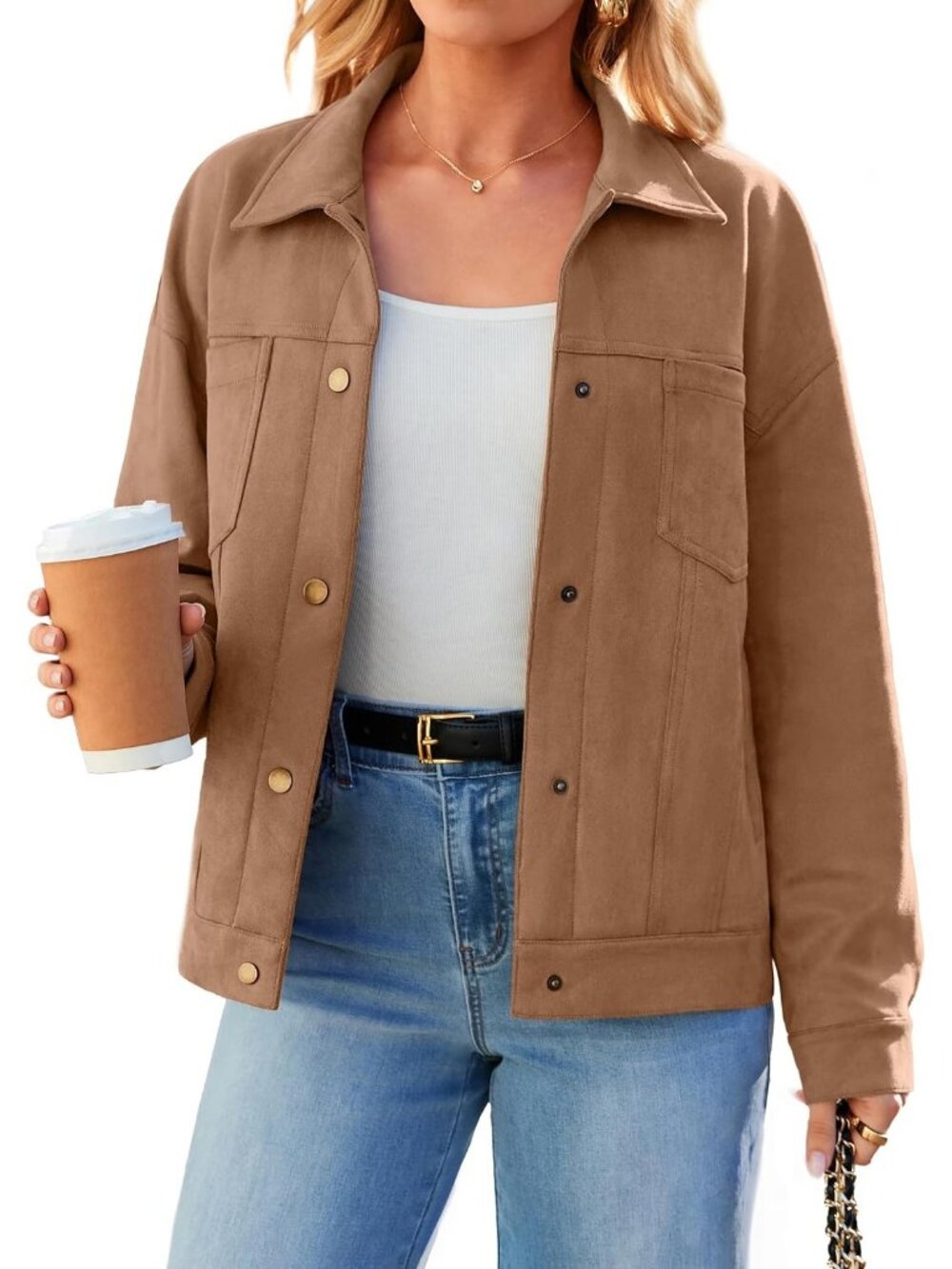 Women's Camel Faux Suede Slightly Oversized Button-down Drop Shoulder Shacket